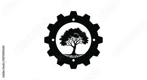 An intricate black gear design encapsulates a detailed tree image creating a striking silhouette