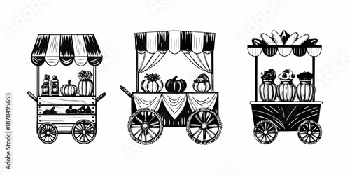 Vintage style market carts with pumpkins produce and autumn harvest goods