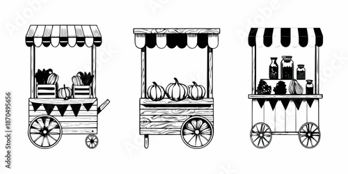 Three vintage market stalls displaying pumpkins and produce in black and white