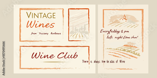 Vintage wines and wine club promotional banners with rustic vineyard imagery