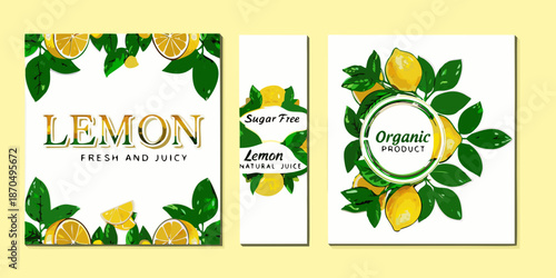 Lemon themed product label designs with leaves and natural juice text