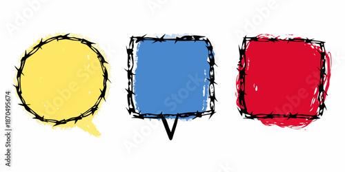 Three colorful speech bubbles with barbed wire edges a visual artistic representation