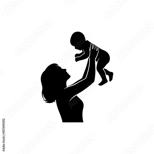 Minimal silhouette icon of a mother lifting her baby, solid black color, clean flat vector style, white background.