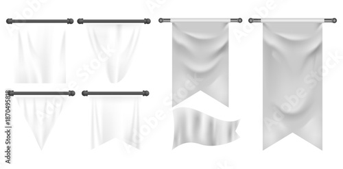 White Fabric Banner Set – Realistic Hanging Flags and Ribbons Collection