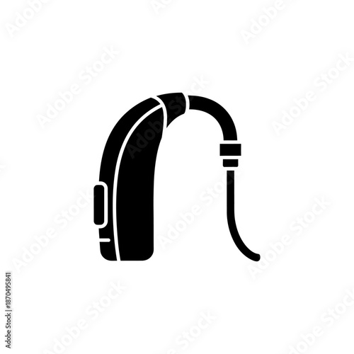 Black solid silhouette icon of a hearing aid device, simple geometric form, flat vector, minimal design, World Hearing Day theme.