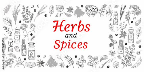 A botanical illustration featuring various herbs spices and apothecary bottles