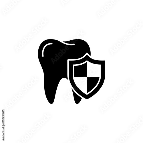 Minimal silhouette icon of a tooth protected by a shield, solid black fill, clean vector style, World Oral Health Day concept