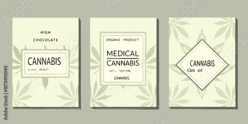 Three cannabis product labels with botanical elements and text details