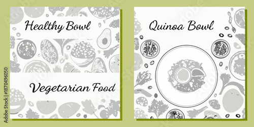 Two artistic sketches showcasing healthy vegetarian bowl options with avocado and quinoa