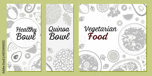 Healthy food banner designs featuring quinoa vegetarian options and bowl illustrations