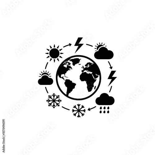 Vector silhouette icon of a globe with weather symbols around it, solid black fill, minimal flat style, World Meteorological Day concept