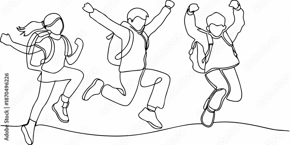 Fototapeta premium Joyful students jumping with backpacks a continuous line drawing illustration