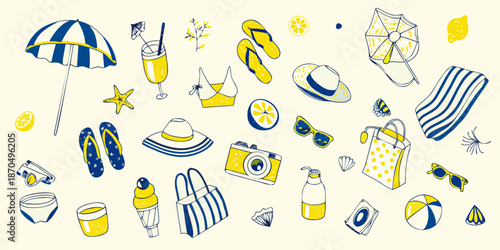 A colorful summer scene with beach essentials and refreshing drinks depicted