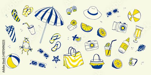 A colorful summer scene featuring beach essentials and bright yellow accents