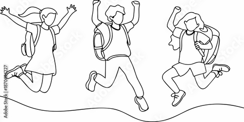 Joyful children jumping with backpacks a simple line art illustration