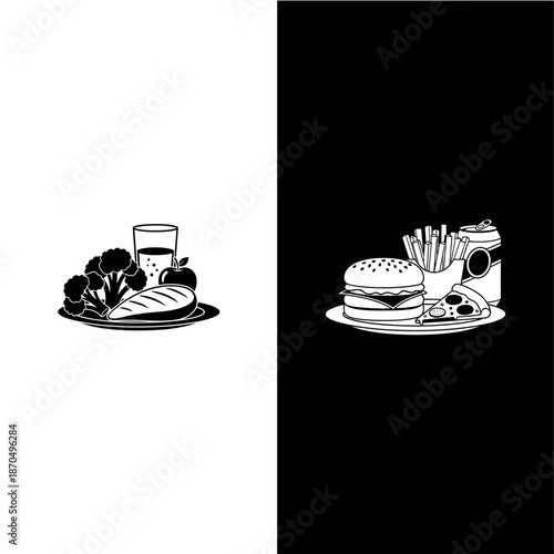 Flat vector silhouette icon of healthy food and unhealthy food comparison, solid black shapes, simple composition, World Obesity Day theme