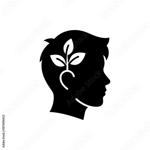 Black solid silhouette icon of a teenage head with a growing plant inside, simple shape, mental health and growth symbol