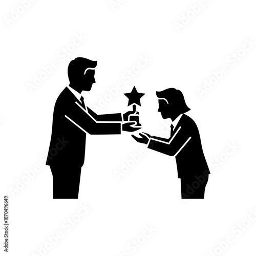 Silhouette icon of a manager giving an award to an employee, solid black color, flat minimalist design, single icon, clean edges.