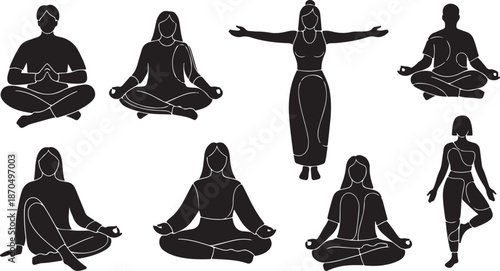Yoga poses in black silhouette on white background