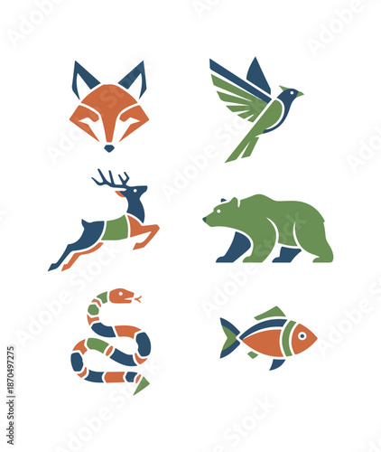Pixelated wildlife fox bird deer bear snake and fish