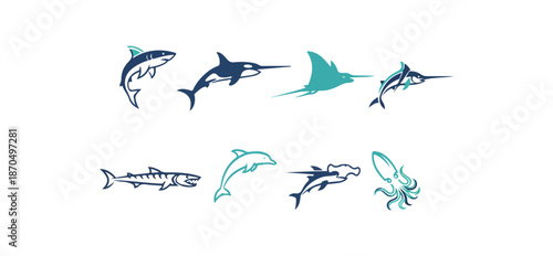 Pixelated marine life collection on black background