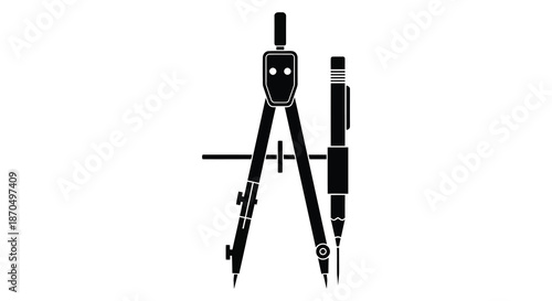A detailed depiction of drawing tools including a compass and pencil presented as a silhouette