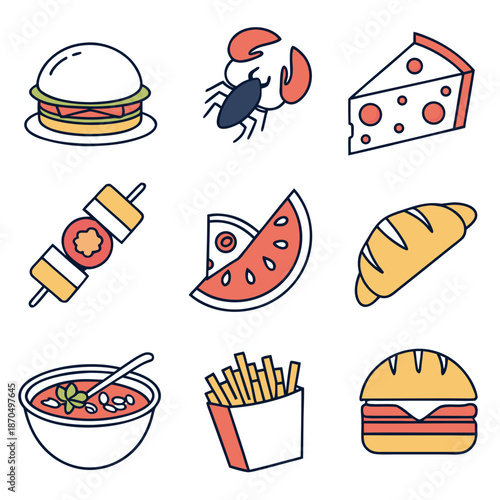 Assorted fast food illustrations, including burgers, fries, and desserts, are displayed in a collection of colorful icons.