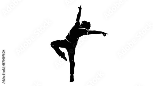 Silhouette of a male dancer in mid-leap, arms outstretched and one leg bent.