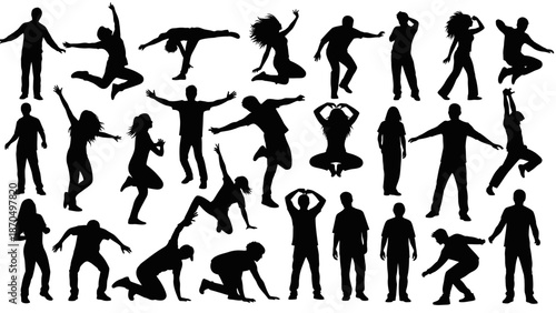 A collection of diverse black silhouettes of people in various dynamic poses and activities.