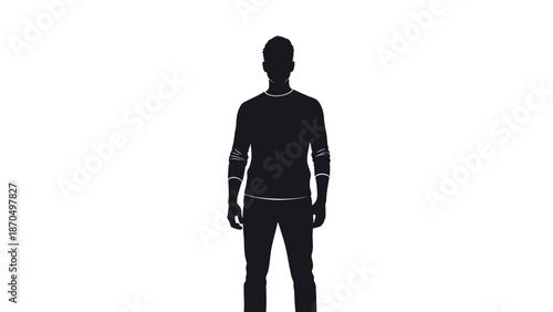 Silhouette of a man wearing a long-sleeved shirt and pants, standing against a white background.