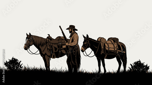 A lone cowboy stands with his horse and mule, ready for a journey across the rugged landscape.