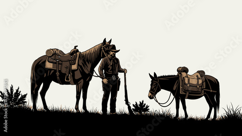 A lone cowboy stands with his horse and mule on a grassy hill, ready for a journey.