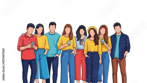 A diverse group of young adults standing together, holding smartphones and looking towards the viewer.