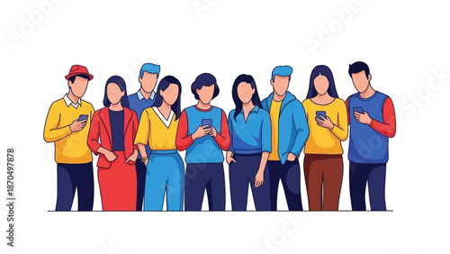A diverse group of young adults stand together, each engrossed in their smartphones, illustrating modern communication and social connection.