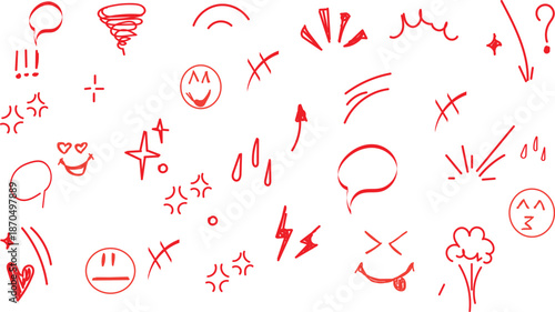 collection of hand-drawn red doodle elements, often used as graphic design accents or to convey emotion in illustrations and comics. 
