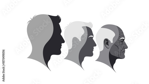 Three male profiles showing the progression of aging from youth to old age.