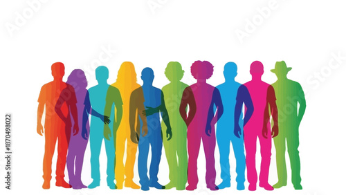 A diverse group of people standing together, silhouetted in a vibrant spectrum of rainbow colors against a white background.