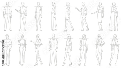 Collection of fashion sketches showcasing diverse male and female figures in various poses and attire, presented in a clean, illustrative style.