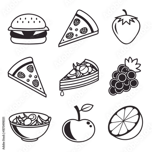 Assorted food illustrations including fruits and desserts displayed in a minimalist style