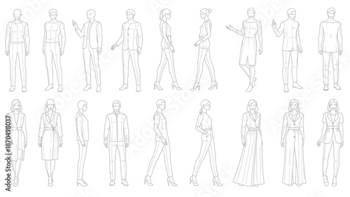 Collection of fashion sketches showcasing diverse male and female figures in various poses and outfits, presented in a clean, illustrative style.
