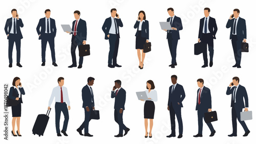 A diverse group of business professionals in formal attire, engaged in various work-related activities, standing against a white background.