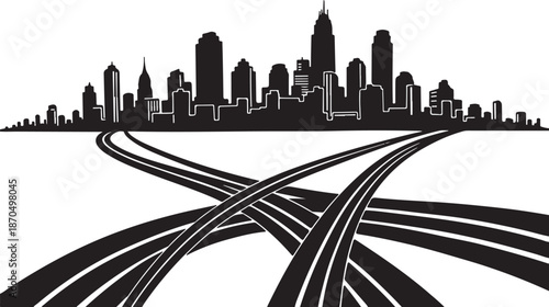City Skyline with Interchange Roads and Highways Silhouette