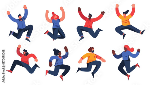 A diverse group of eight people joyfully jumping and celebrating with their arms raised in the air.