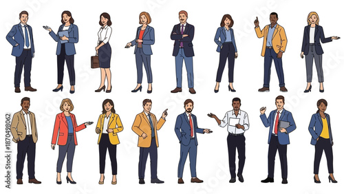 A diverse group of business professionals standing and gesturing, showcasing a variety of attire and poses.