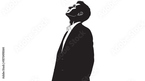 A silhouette of a man in a suit looking upwards against a white background, conveying a sense of contemplation or aspiration.