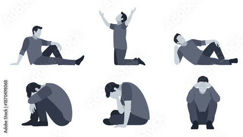 Collection of six illustrations depicting men in various emotional and physical states, including despair, contemplation, and celebration.