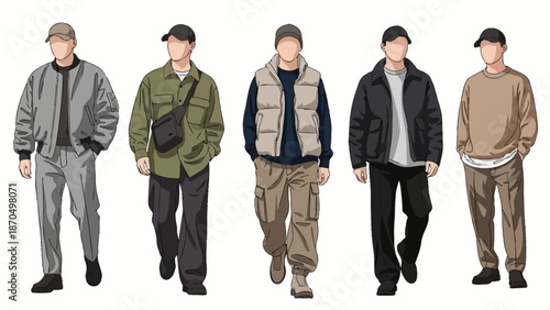 Five men in casual streetwear outfits, showcasing different styles of jackets, pants, and accessories.