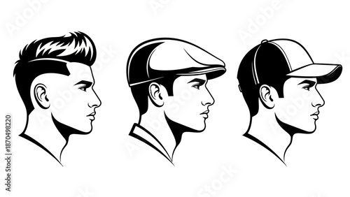 Three profile views of men's heads showcasing different hairstyles and headwear, including a styled haircut, a flat cap, and a baseball cap.