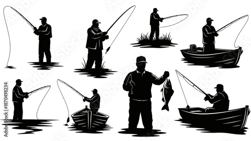 Collection of Silhouettes Depicting Various Fishing Activities and Poses.