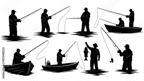 Collection of Silhouettes Depicting Various Fishing Activities and Poses.